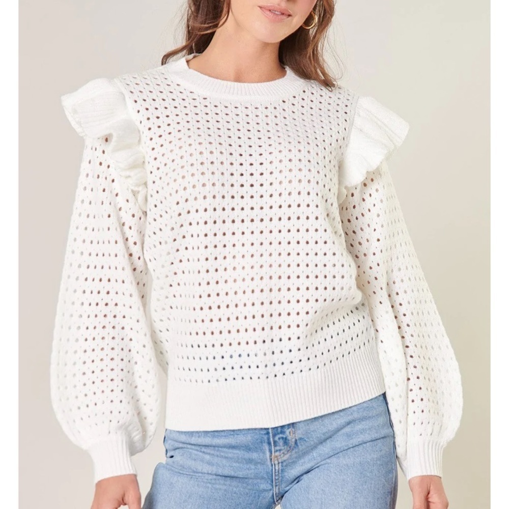 Sugarlips Chesapeake Pointelle Ruffle Detail Sweater S